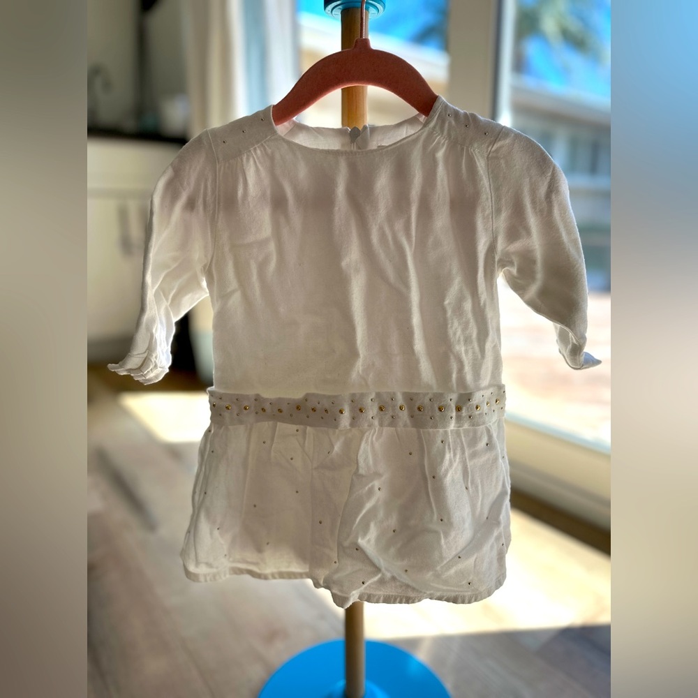 Chloe white dress with gold studs. Size 9 months.